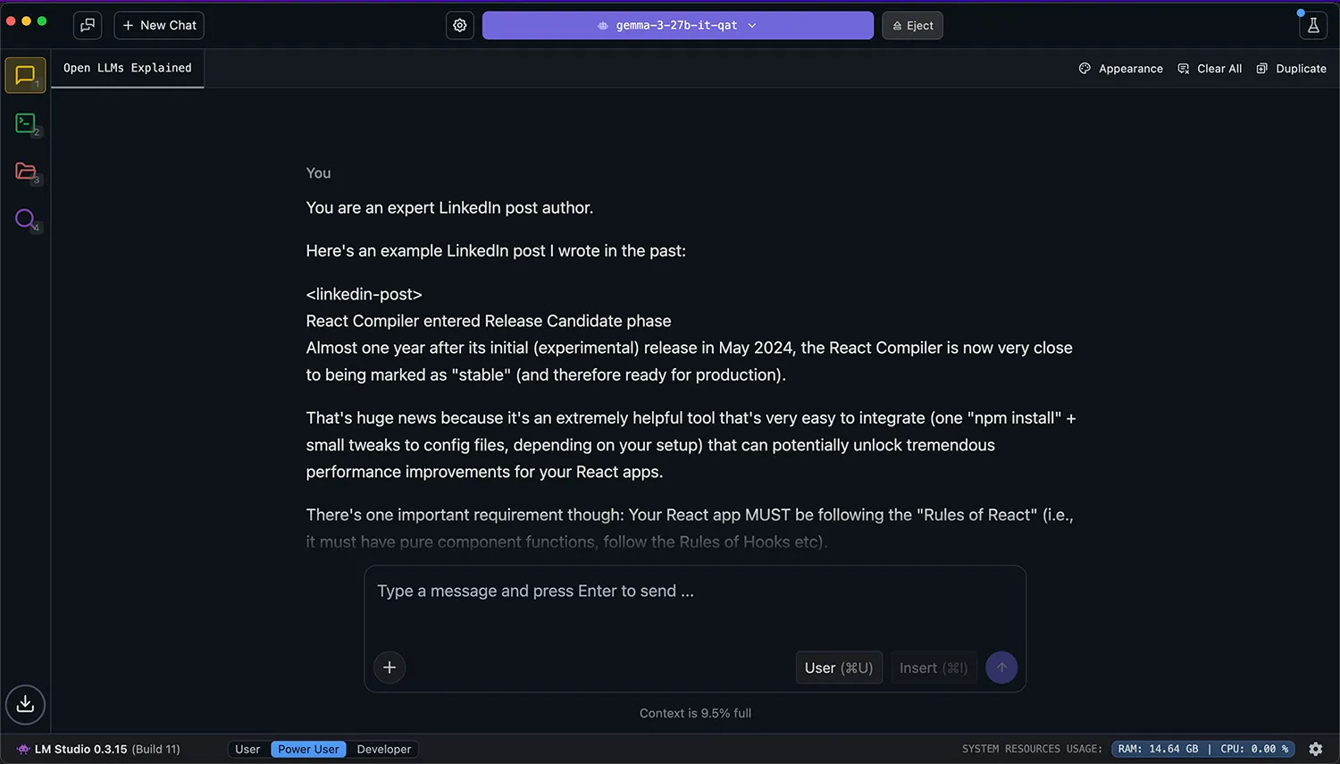 LM Studio's GUI, specifically the chat window where a user chats with a locally running LLM