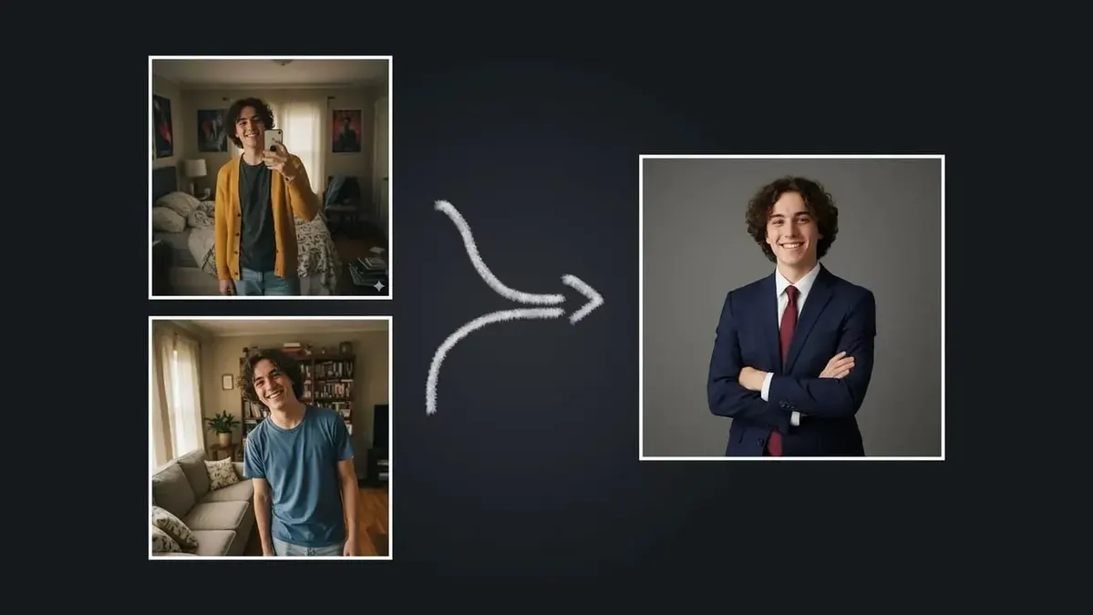 An exampe for transforming two input photos into a single business headshot