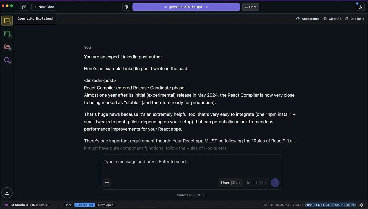 LM Studio's GUI, specifically the chat window where a user chats with a locally running LLM