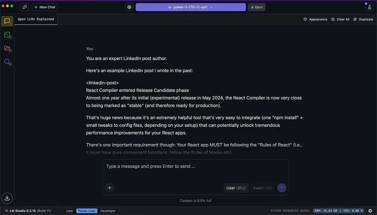 LM Studio's GUI, specifically the chat window where a user chats with a locally running LLM